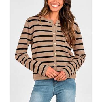 BTFBM Women's Cardigans Sweater 2024 Fall Striped Long Sleeve Button Down Crop Open Front Knit Outerwear Deco Pockets(Striped Camel Black, Medium)