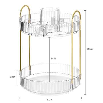 Vorey 360 Rotating Makeup Organizer Countertop with Cosmetic Brush Holder, 2 Tier Bathroom Organizer Spinning Perfume Organizers Skincare Organizers Dresser Organizer Makeup Carousel, Clear