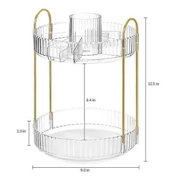 Vorey 360 Rotating Makeup Organizer Countertop with Cosmetic Brush Holder, 2 Tier Bathroom Organizer Spinning Perfume Organizers Skincare Organizers Dresser Organizer Makeup Carousel, Clear
