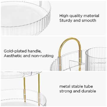 Vorey 360 Rotating Makeup Organizer Countertop with Cosmetic Brush Holder, 2 Tier Bathroom Organizer Spinning Perfume Organizers Skincare Organizers Dresser Organizer Makeup Carousel, Clear