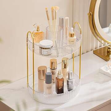 Vorey 360 Rotating Makeup Organizer Countertop with Cosmetic Brush Holder, 2 Tier Bathroom Organizer Spinning Perfume Organizers Skincare Organizers Dresser Organizer Makeup Carousel, Clear