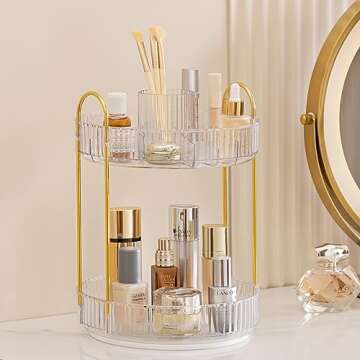 Vorey 360 Rotating Makeup Organizer Countertop with Cosmetic Brush Holder, 2 Tier Bathroom Organizer Spinning Perfume Organizers Skincare Organizers Dresser Organizer Makeup Carousel, Clear