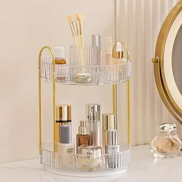 Vorey 360 Rotating Makeup Organizer Countertop with Cosmetic Brush Holder, 2 Tier Bathroom Organizer Spinning Perfume Organizers Skincare Organizers Dresser Organizer Makeup Carousel, Clear