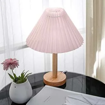 Zenply Korean Pleated Table Lamp, Cute Pink Small Table Lamp Nightstand Lamp, Mini Bedside Lamp for Bedroom Living Room Small Spaces, Small Table Lamp, with LED Bulb