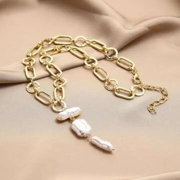 Baroque Pearl Necklace for Women Gold Irregular Pearl Pendant Necklace Vintage Pearl Charm Choker Necklace Chunky Pearl Chain Necklace Pearl Jewelry Gifts for Women (Gold-A)