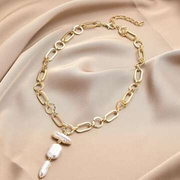 Baroque Pearl Necklace for Women Gold Irregular Pearl Pendant Necklace Vintage Pearl Charm Choker Necklace Chunky Pearl Chain Necklace Pearl Jewelry Gifts for Women (Gold-A)