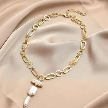 Baroque Pearl Necklace for Women Gold Irregular Pearl Pendant Necklace Vintage Pearl Charm Choker Necklace Chunky Pearl Chain Necklace Pearl Jewelry Gifts for Women (Gold-A)