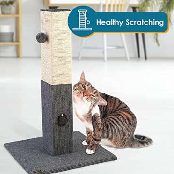 PAWBEE - 32" Cat Scratching Post - Sisal Rope Indoor Cat Tall Scratchers for Small & Large Cats - Cat Post Tower with Jingle Bell Toy - Cat Scratcher