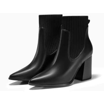 Coutgo Womens Pointed Toe Ankle Boots Elastic Chunky Block Stacked Mid Heel Comfortable Chelsea Booties Shoes