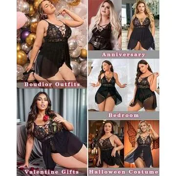 Avidlove Plus Size Lace Sleepwear Sexy Lingerie Lace Babydoll Set Nightwear Dress (Black, 3XL)