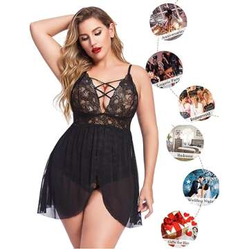 Avidlove Plus Size Lace Sleepwear Sexy Lingerie Lace Babydoll Set Nightwear Dress (Black, 3XL)