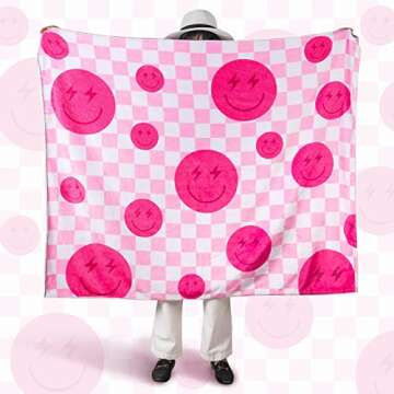 Frienda Preppy Throw Blanket Smile Face Cute Flannel Soft Plush Fuzzy Blanket Preppy Bedding Stuff for Dormitory Living Room 50" x 60"(Checkered Smile Face)