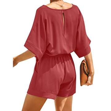 LookbookStore Women's Summer Casual V Neck Romper 3/4 Sleeves Self-Tie Belted Short Playsuit Jumpsuits Solid Tea Rose Size Small