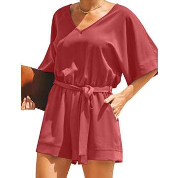 LookbookStore Women's Summer Casual V Neck Romper 3/4 Sleeves Self-Tie Belted Short Playsuit Jumpsuits Solid Tea Rose Size Small
