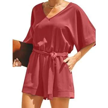 LookbookStore Women's Summer Casual V Neck Romper 3/4 Sleeves Self-Tie Belted Short Playsuit Jumpsuits Solid Tea Rose Size Small