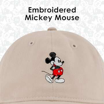 Disney Mickey Mouse Embroidered Cotton Adjustable Dad Hat with Curved Brim, Khaki, One Size