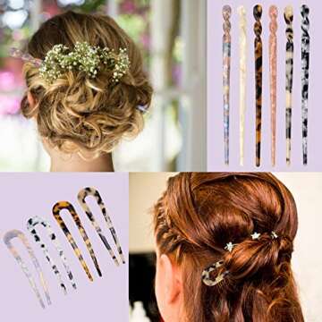 6+4P Acetate Hair Sticks Set, Coldairsoap 2 Styles Tortoise Shell Hair Pins U-Shaped Straight Chopst...