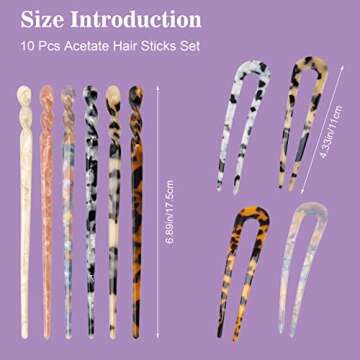 6+4P Acetate Hair Sticks Set, Coldairsoap 2 Styles Tortoise Shell Hair Pins U-Shaped Straight Chopsticks 10 Colors Vintage French Hair Forks for Women (10P)