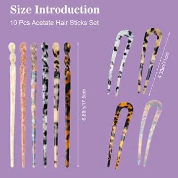 6+4P Acetate Hair Sticks Set, Coldairsoap 2 Styles Tortoise Shell Hair Pins U-Shaped Straight Chopsticks 10 Colors Vintage French Hair Forks for Women (10P)