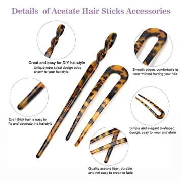 6+4P Acetate Hair Sticks Set, Coldairsoap 2 Styles Tortoise Shell Hair Pins U-Shaped Straight Chopsticks 10 Colors Vintage French Hair Forks for Women (10P)