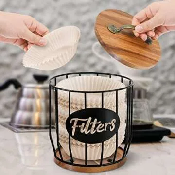 Luneodoki Rustic Coffee Filter Holder with Lid, Acacia Coffee Filter Holder Storage Container Basket, Round Coffee Filter Dispenser Coffee Filter Container for Counter, Coffee Bar Accessories Decor