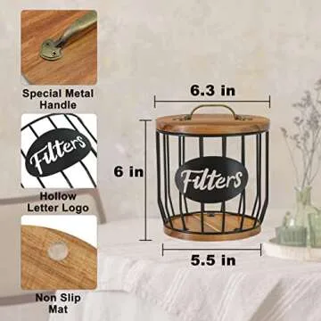 Luneodoki Rustic Coffee Filter Holder with Lid, Acacia Coffee Filter Holder Storage Container Basket, Round Coffee Filter Dispenser Coffee Filter Container for Counter, Coffee Bar Accessories Decor