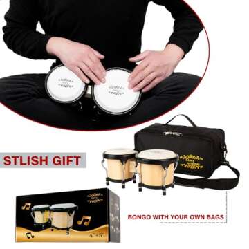 Glory Bongo Drums 4” and 5” Wood Percussion Instrument Bongos with bag and tuning Key,Natural