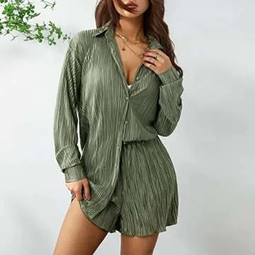 NUFIWI Women Pleated 2 Piece Pants Outfits Casual Loose Button Shirt Blouse Top Long Wide Leg Palazzo Pants Set Jumpsuit