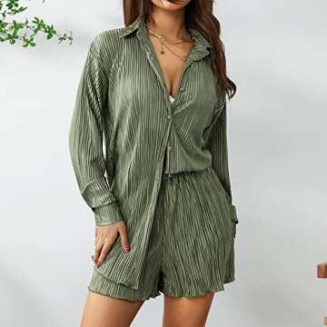 NUFIWI Women Pleated 2 Piece Pants Outfits Casual Loose Button Shirt Blouse Top Long Wide Leg Palazzo Pants Set Jumpsuit