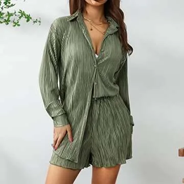 NUFIWI Women Pleated 2 Piece Pants Outfits Casual Loose Button Shirt Blouse Top Long Wide Leg Palazzo Pants Set Jumpsuit