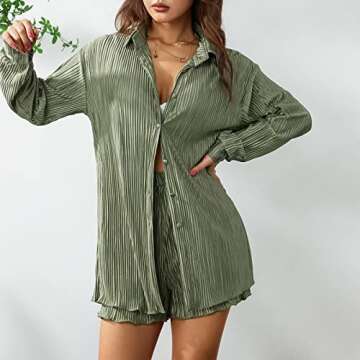 NUFIWI Women Pleated 2 Piece Pants Outfits Casual Loose Button Shirt Blouse Top Long Wide Leg Palazzo Pants Set Jumpsuit