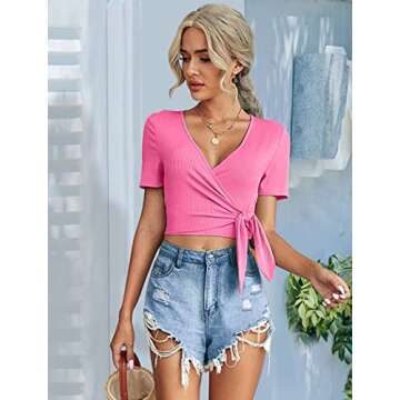 Womens Short Sleeve Crop Tops Cute V Neck Hot Pink T-Shirt Tie Front Up Summer M