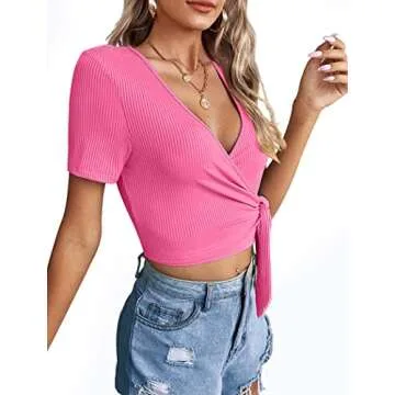 Womens Short Sleeve Crop Tops Cute V Neck Hot Pink T-Shirt Tie Front Up Summer M