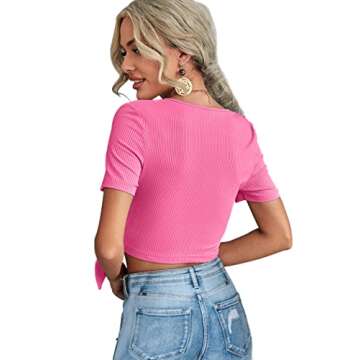 Womens Short Sleeve Crop Tops Cute V Neck Hot Pink T-Shirt Tie Front Up Summer M