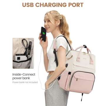 LOVEVOOK Laptop Backpack for Women Fashion Business Computer Backpacks Travel Bags Purse Doctor Nurse Work Backpack with USB Port, Fits 15.6-Inch Laptop Beige Pink