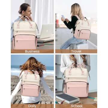LOVEVOOK Laptop Backpack for Women Fashion Business Computer Backpacks Travel Bags Purse Doctor Nurse Work Backpack with USB Port, Fits 15.6-Inch Laptop Beige Pink