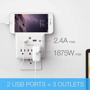 Multi Plug Outlet Extender with USB Wall Charger and Night Light, 3 Electrical Outlet Splitter 2 USB Phone Charger Wall Plug for Cruise Essentials, Multiple Expander with Charging Station