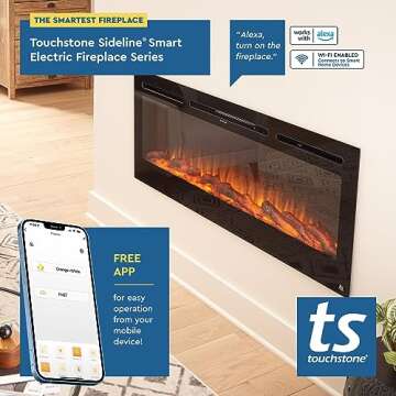 Touchstone Smart Electric Fireplace-The Sideline 45" Wide-in Wall Recessed - 30 Realistic Ember Color/Flame Options - 1,500W Heater w/Thermostat - Log & Crystal Hearth Options - Alexa/WiFi Enabled