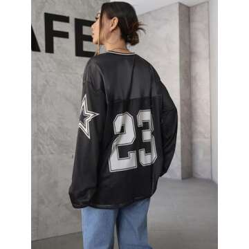 SOLY HUX Women's Y2k Jersey Shirts Oversized Mesh Number Graphic Tees V Neck Long Sleeve Blokette T Shirt Tops Black Letter Small