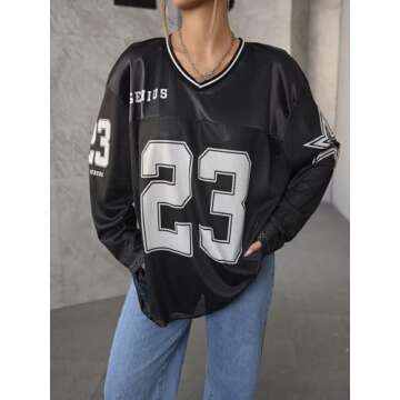 SOLY HUX Women's Y2k Jersey Shirts Oversized Mesh Number Graphic Tees V Neck Long Sleeve Blokette T Shirt Tops Black Letter Small