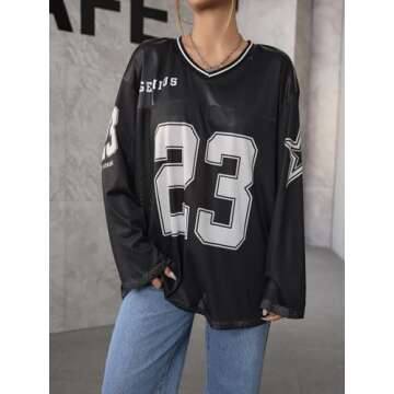 SOLY HUX Women's Y2k Jersey Shirts Oversized Mesh Number Graphic Tees V Neck Long Sleeve Blokette T Shirt Tops Black Letter Small