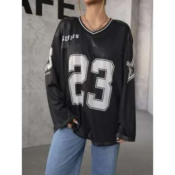 SOLY HUX Women's Y2k Jersey Shirts Oversized Mesh Number Graphic Tees V Neck Long Sleeve Blokette T Shirt Tops Black Letter Small