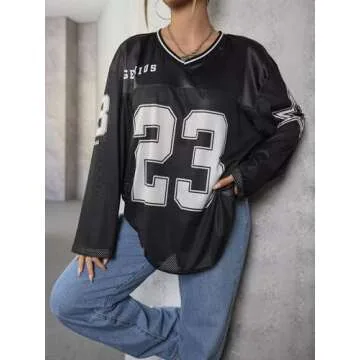 SOLY HUX Women's Y2k Jersey Shirts Oversized Mesh Number Graphic Tees V Neck Long Sleeve Blokette T Shirt Tops Black Letter Small