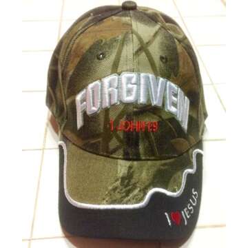 Forgiven 1 John 1:9 Christian Baseball Cap, Camo Hat with I Love Jesus John 3:16