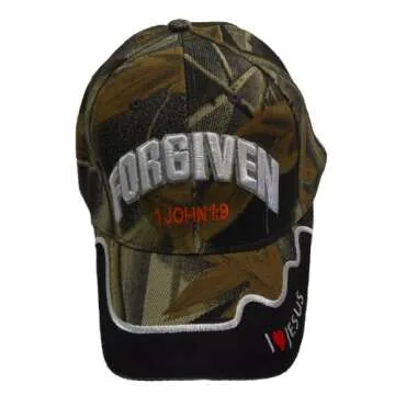 Forgiven 1 John 1:9 Christian Baseball Cap, Camo Hat with I Love Jesus John 3:16