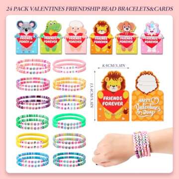 LANGASQUE Valentines Day Party Supplies, 24 Pack Friendship Bead Bracelet with Valentines Day Cards, Valentines Day Party Supplies for School Classroom Prizes Exchange (Animal Style)