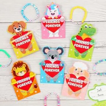 LANGASQUE Valentines Day Party Supplies, 24 Pack Friendship Bead Bracelet with Valentines Day Cards, Valentines Day Party Supplies for School Classroom Prizes Exchange (Animal Style)