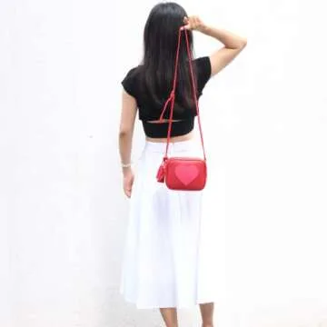 Gift for Girls Women Heart Purse Crossbody Bag PU Leather Roomy with Tassel and Adjustable Straps Design in Italy (Red & Rose Red)