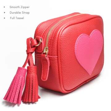 Gift for Girls Women Heart Purse Crossbody Bag PU Leather Roomy with Tassel and Adjustable Straps Design in Italy (Red & Rose Red)