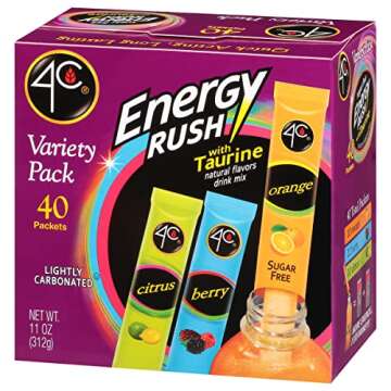 4C Energy Rush Stix, Variety 1 Pack, 40 Count, Single Serve Water Flavoring Packets, Sugar Free with Taurine, On the Go Bundle (20 Berry, 10 Orange, 10 Citrus)